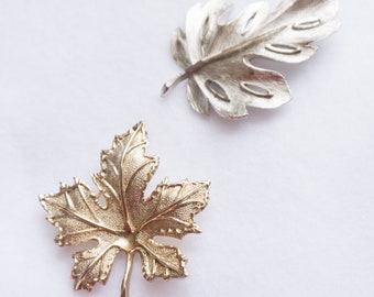 Two Vintage Leaf Brooches Signed BSK Modernist Vintage Jewelry