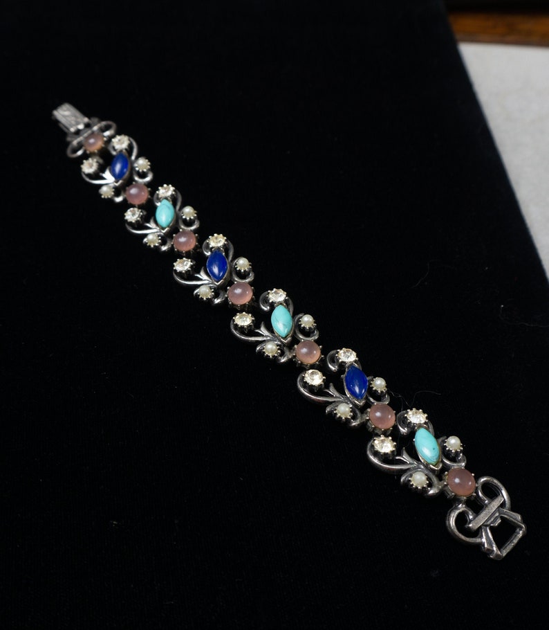 Signed Florenza Rhinestone Turquoise Cabachon Link Bracelet Vintage Jewelry