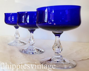 Distinction Cobalt Blue Clear Stem by FOSTORIA 1973 FOUR Vintage Champagne / Tall Sherbets