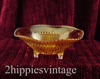 Vintage Anniversary Iridescent by JEANNETTE 3-Footed Open Candy Dish Marigold Orange Carnival Glass