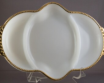 Discontinued White Swirl Gold Trim Glass 3 Way Divided Platter Plate Relish Dish FIRE KING