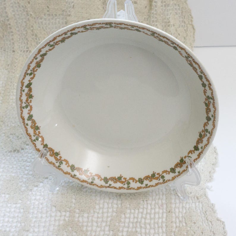 Set of Two Vintage Warwick Pattern Bowls 09071 Oval Serving Dish and One 7.5 Inch Soup Bowl Gold and Green c1930s
