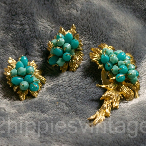 Signed Ledo Vintage Gold Plated Blue Turquoise Stone Earring Brooch Demi-Parure