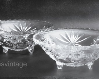 TWO Anchor Hocking Early American Prescut Clear 6-3/4 inch Bon Bon 3 Toe Candy Dish