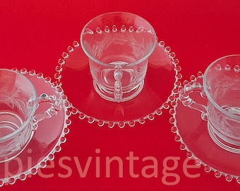 Three Pair Vintage Gray Cut Footed Cups and Saucers in Candlewick by Imperial Glass Crystal