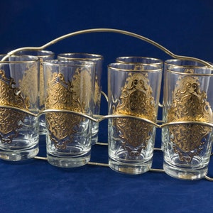 Libbey Opera Gold Trim Tumblers Set with Caddy Vintage Mid Century