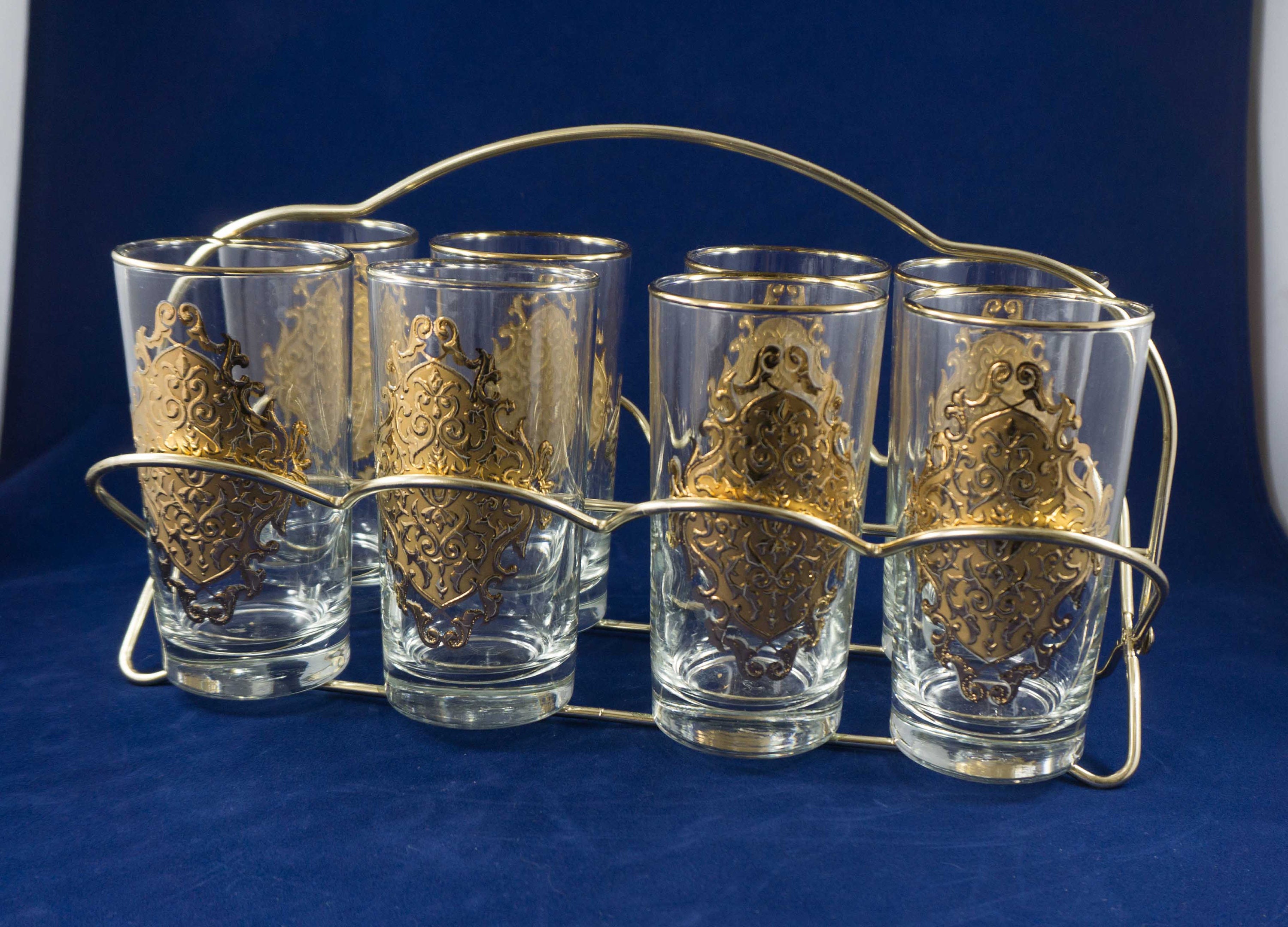 Vintage Mid Century Libbey Opera Gold Trim Tumbler Set with Caddy