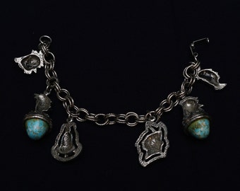 Vintage Native American Themed Silvertone and Faux Turquoise Chunky Charm Bracelet