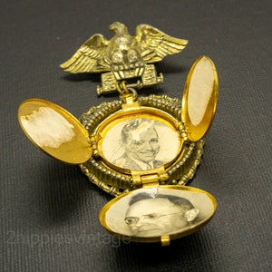 Vintage Unique Four Photo Pendant American Memory War Military Themed Brooch Pin