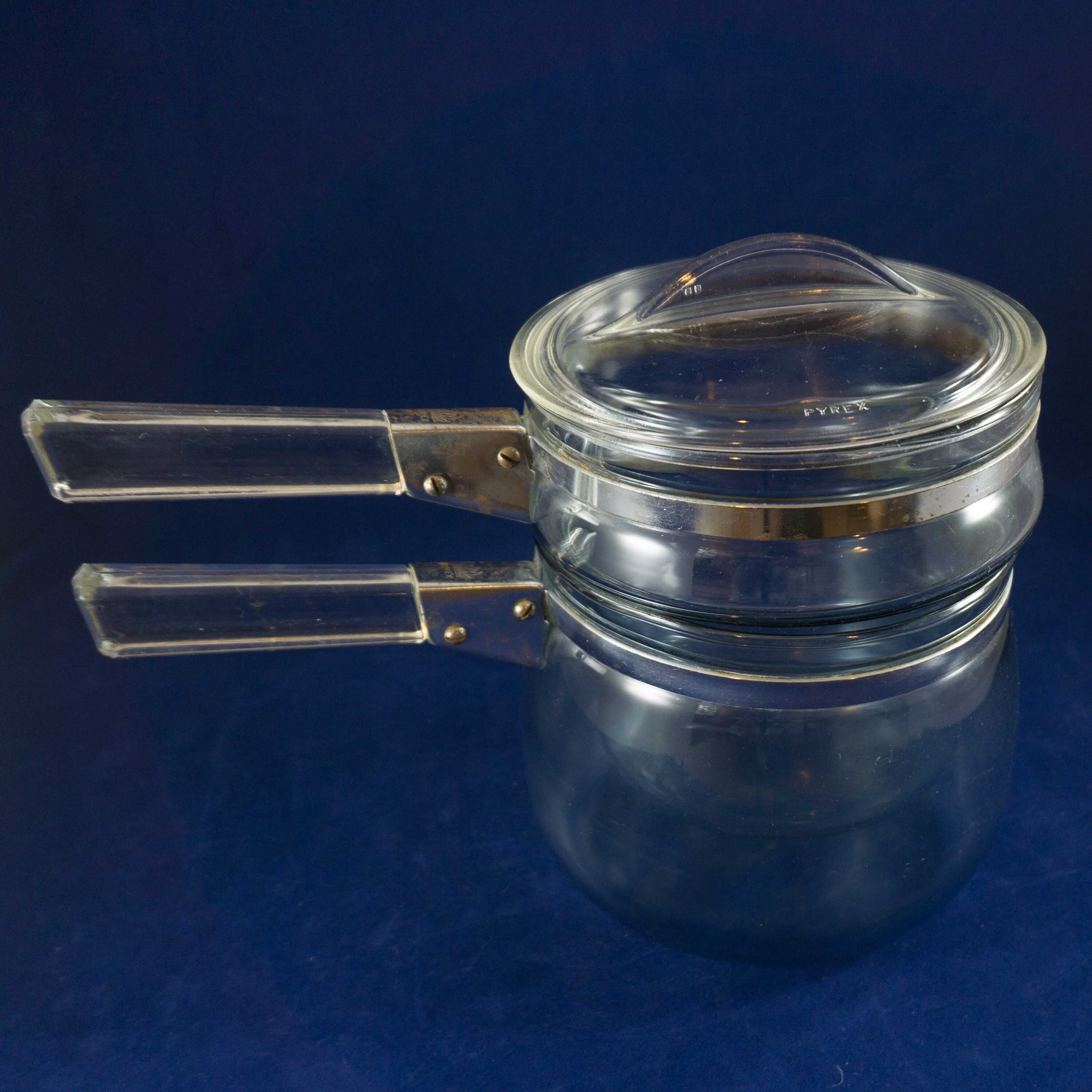 Vintage Pyrex Complete Blue Double Boiler with Lid and Glass Handles