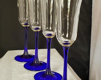 FOUR Vintage Americana Blue by Cristal D'Arques Cobalt Stem FLuted Champagnes