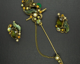 Florenza Demi Parure Sword Hat Pin Jabot Brooch and Clip Earrings Immense Vintage Signed