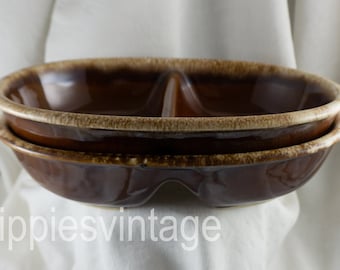 1960s Hull Pottery Brown Drip Oval Divided Vegetable Bowl 11" PAIR of TWO