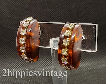 Vintage Rootbeer Bakelite 1930's Clip Earrings with Prong Set Rhinestone Accents Unsigned