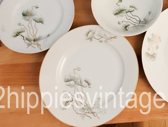 FIVE Luncheon Plates Vintage Hand Painted Green Poppy Dinnerware Asian Tableware Unmarked