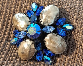 Large Blue Signed Regency Rhinestone Art Glass and Molded Dinosaur Egg Brooch Pin