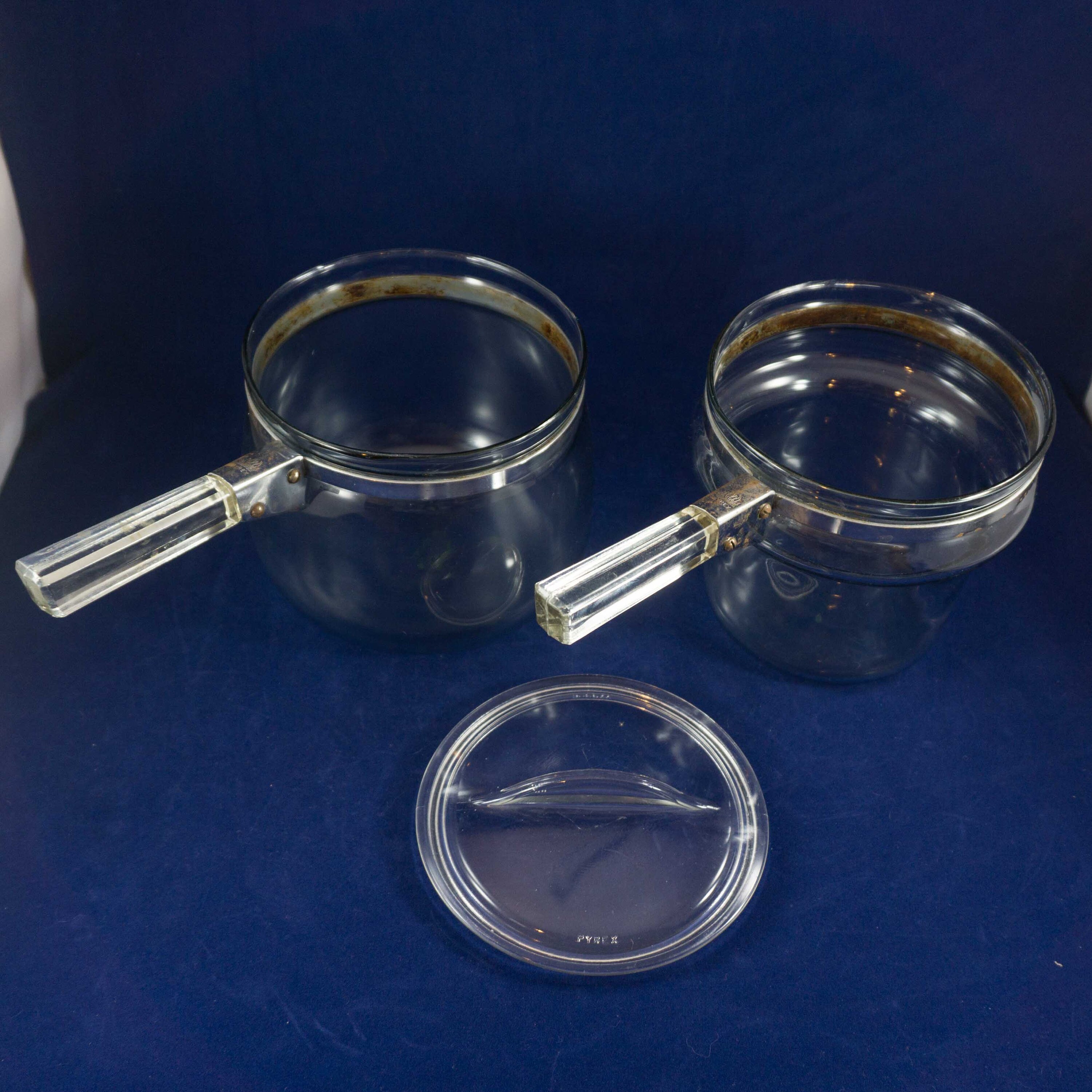 Vintage Pyrex Complete Blue Double Boiler with Lid and Glass Handles