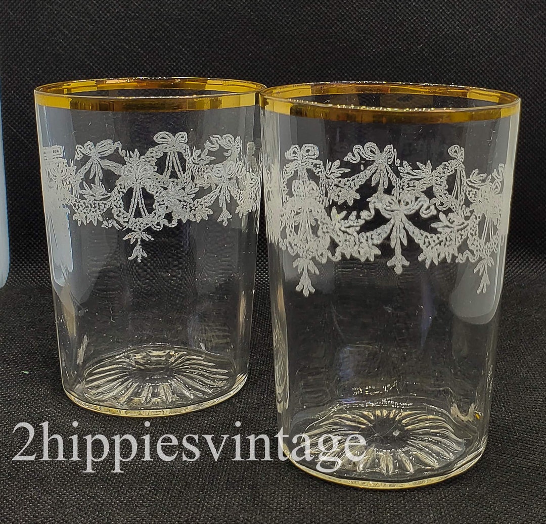 Antique Lot of Five Victorian Tumblers Wreath Etched Gold Trim Etsy