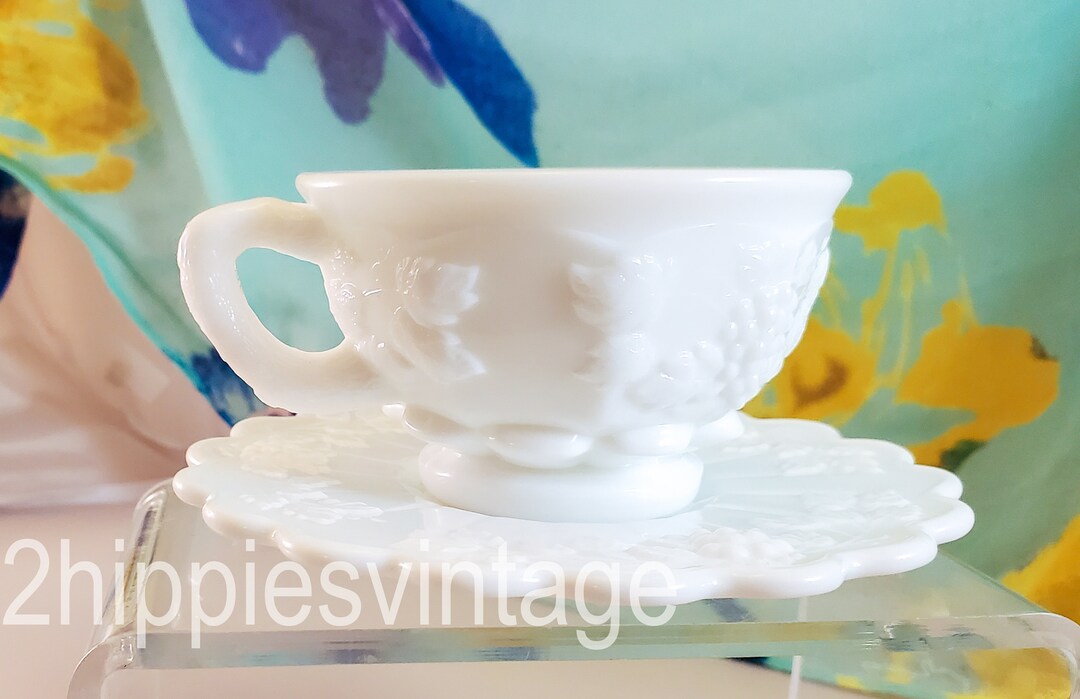 Vintage Milk Glass Cup and Saucer Set in Paneled Grape by Westmoreland