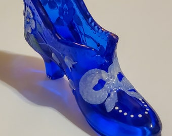 Princess Slipper par FENTON 9591 peint à la main signé vintage verre bleu cobalt