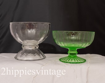 TWO Vintage Footed Green and Clear Glass Paneled Footed Compote Candy Dish Vases