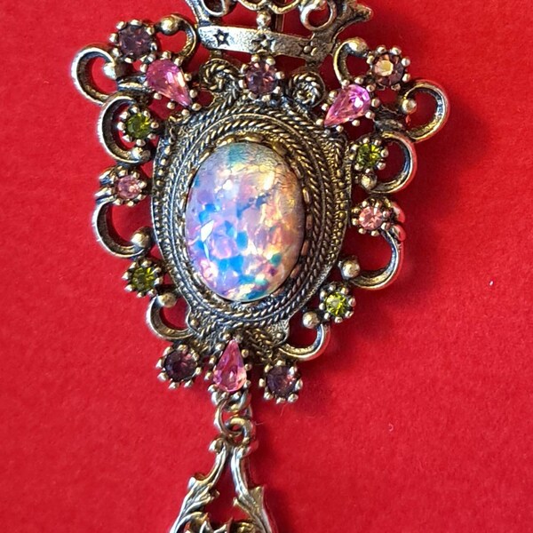 Broche pendentif cabachon ovale opalescent vintage vintage, broche signée Sarah Coventry