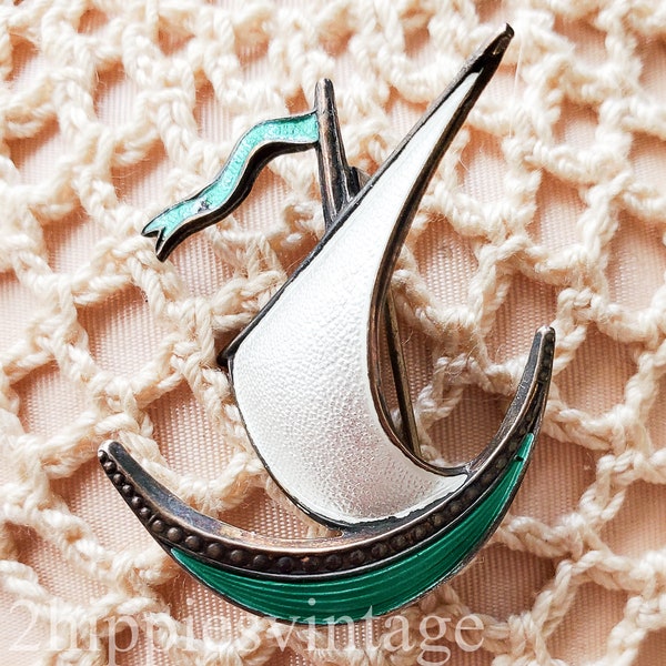 Vintage Aksel Holmsen Teal and White Guilloche Sailboat Brooch Pin