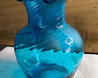 Gorgeous Blue Vintage Art Glass Hand Blown Pitcher Jug Vase