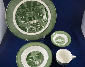 FIVE Pieces Colonial Homestead by Royal Chop Plate Soup Bowl Fruit Bowl Gravy Boat and Mug Vintage Green Transferware