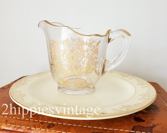 Vintage Gold Trim Glass Creamer and Salad Plate Set Edwin Knowles Rose Bud by Glastonbury