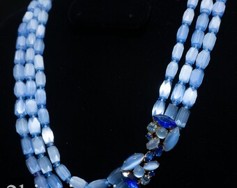 Fabulous Vintage Three Strand Baby Blue Satin Glass Vintage Beaded Necklace c1950s