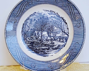 Vintage Currier and Ives "The Old Grist Mill" by Royal Blue 10" Dinner Plate Made in USA Underglaze Print Blue Transferware