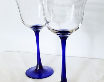 Vintage Cristal D'Arques Cobalt Blue Stemmed Water Glasses - Pair