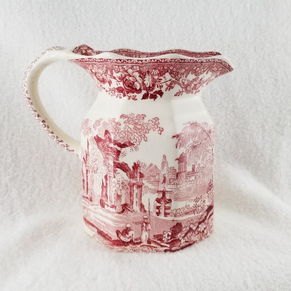 Vintage Fountains by Mason's Fenton 32 Oz Jug Red Pink Transferware