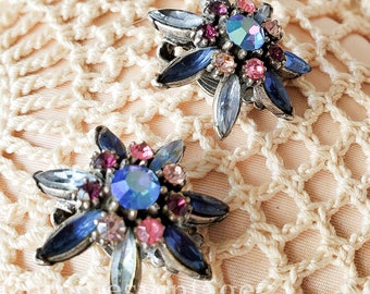 Vintage Signed Florenza Clip Earrings Mid Century Star Rhinestones