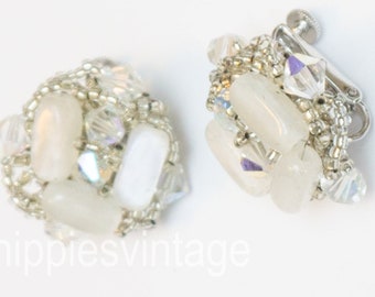 Vintage Signed Vendome Opalescent Clear Rhinestone Molded Glass Cluster Clip Earrings