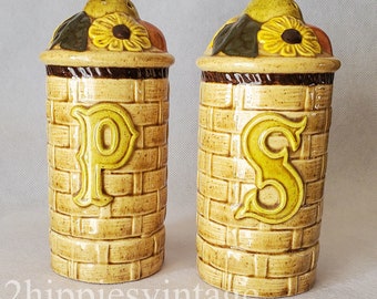 Vintage Mid Century Flowered Ceramic Salt & Pepper Range Top Shakers Dated 1959