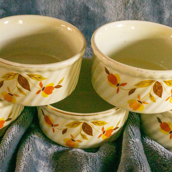 Hall's Superior Jewel Tea Autumn Leaf  FIVE Vintage Ramekin Souflee