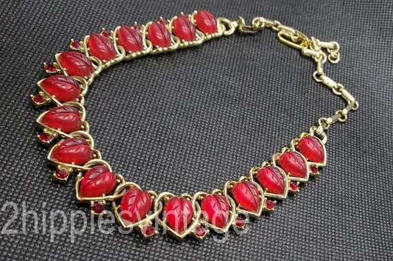 Mid Century Vintage Red Glass and Rhinestone Link… - image 3