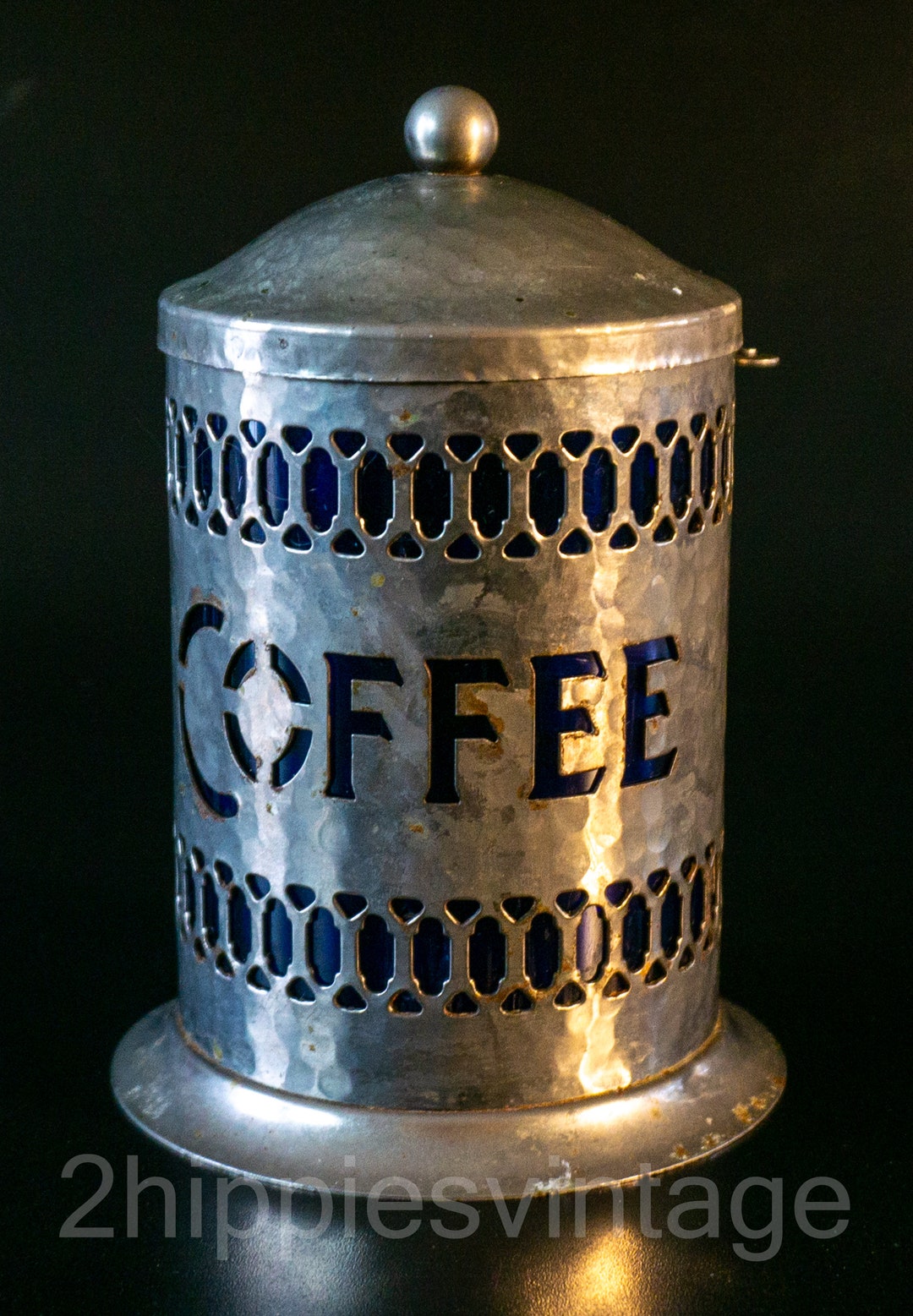 Vintage Instant Coffee Canister Blue Interior Hammered With Spoon Hook
