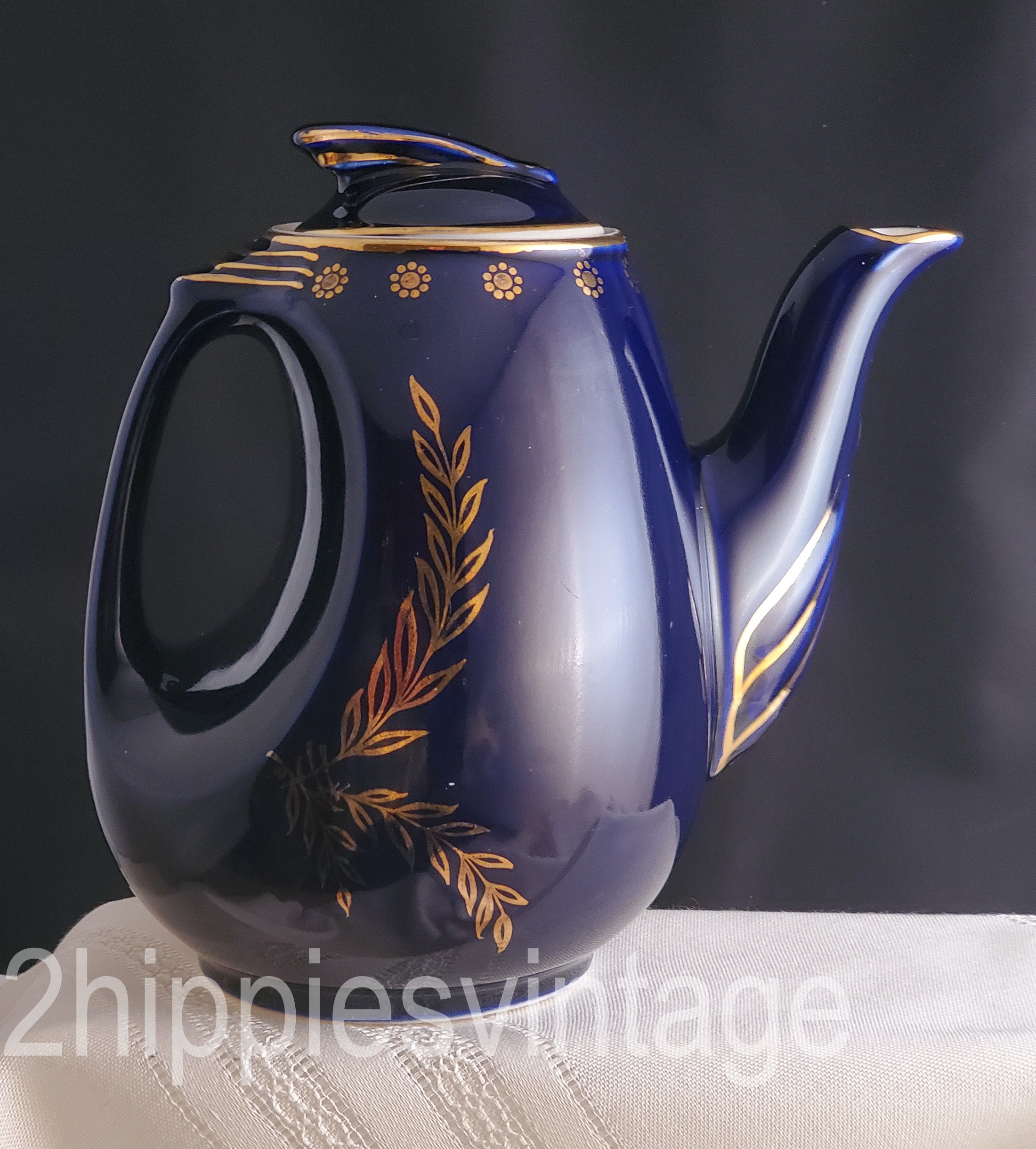 Vintage Hall Cobalt Blue and Gilt Ceramic 1930s Art Deco Teapot Sun