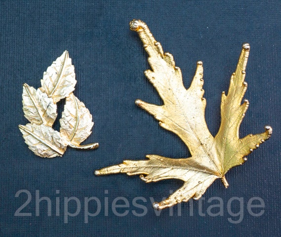 Two Vintage Gold Gold tone Leaf Brooches - image 1