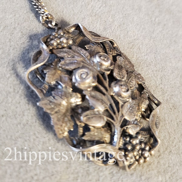 Antique Pierced Repousse Roses Grapes Leaves Sterling Silver Pendant