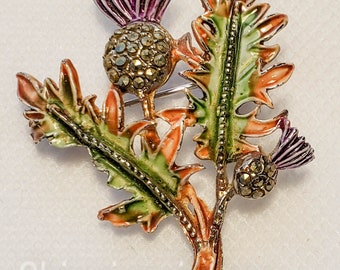 Vintage Cast Metal and Enamel Thistle Flower Brooch