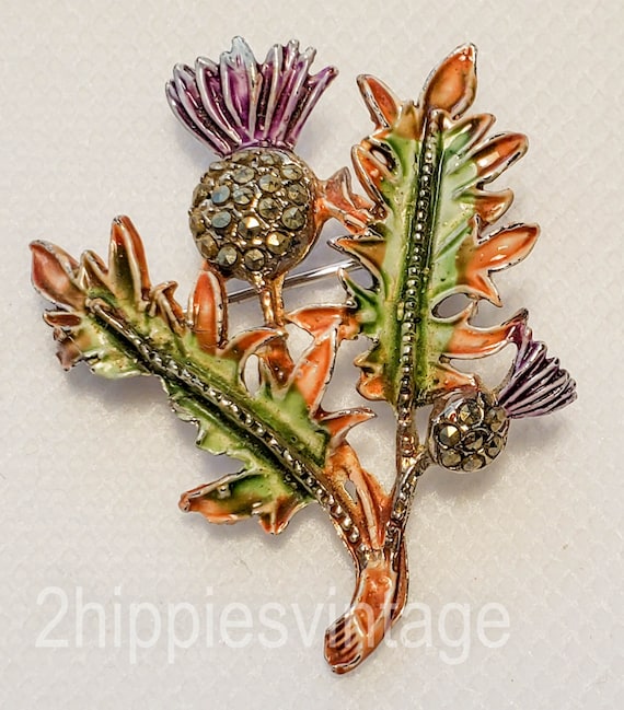 Vintage Cast Metal and Enamel Thistle Flower Brooc