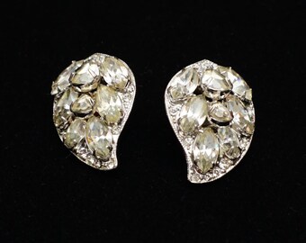 Vintage Signed Eisenberg Leaf Rhinestone Clip Earrings