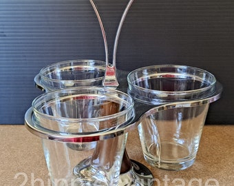 Mid Century Modern Chrome and Glass Three Cup Condiment Salad Dressing Caddy  |