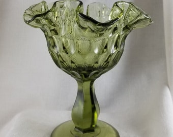 Round Footed Compote in Thumbprint Colonial Green by FENTON 1960s