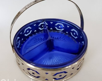 Vintage Small Cobalt Blue Glass Divided Dish with Silverplate Basket Holder