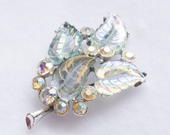 Vintage Iridescent Molded Glass Givre Leaves and Crystal Brooch Pin